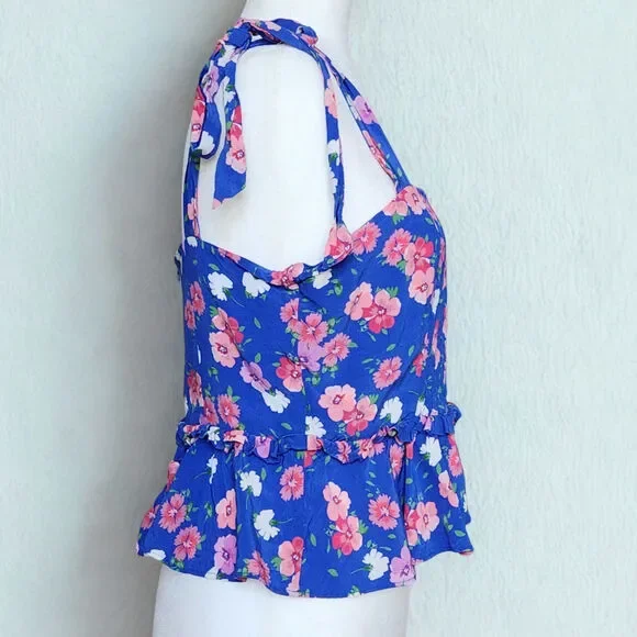 Yumi Kim Women's Blue Floral Tie Strap Peplum Aroma Top Size L